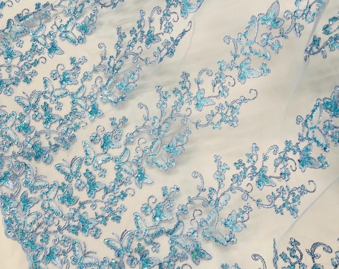 Blue Hologram Sequin Butterfly Lace Fabric: Metallic Corded Embroidery with Sequins