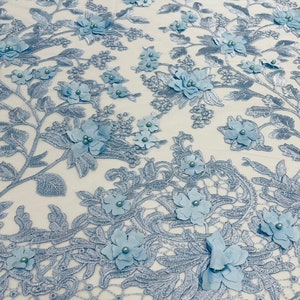 Baby Blue 3D Floral Design - by the Yard - Embroider Flower With Pearls ...