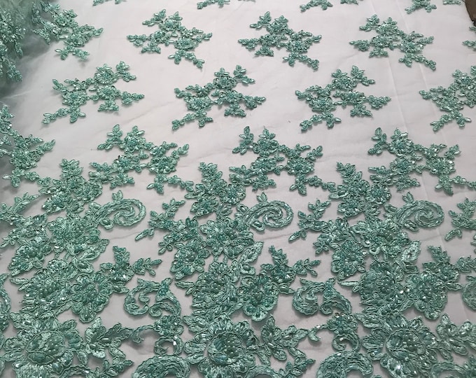 Mint Floral Design Beaded Fabric - by the yard - Embroidered With Pearls and Beads on Mesh Lace Fabric