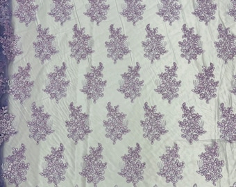 Lilac Flowers With Sequins Corded Lace On Mesh Fabric By The Yard Used For -Dress-Bridal-Fashion