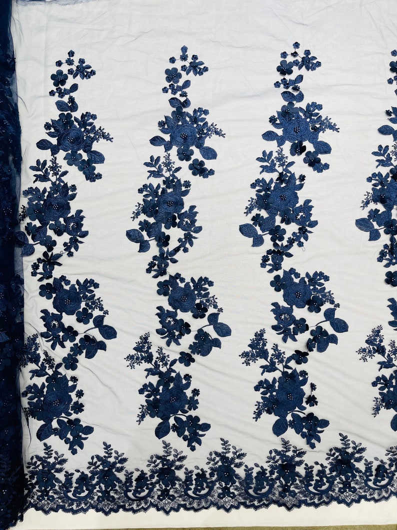 Navy Blue 3D Floral Lace Fabric With Pearls - Bridal Wedding Lace - Etsy