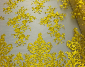 Yellow Floral Damask Embroidered Lace Fabric, Scalloped Edge, Bridal Wedding Dress Lace By The Yard