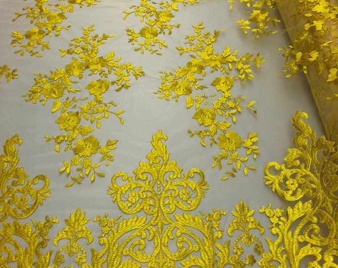 Yellow Damask Design Embroidered on Mesh Lace Fabric, Floral Bridal Lace Wedding Dress by the Yard (Pick a Size)