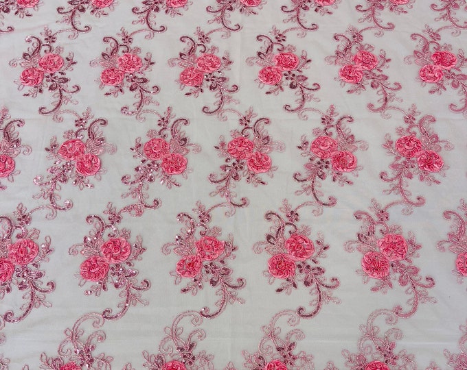 Candy Pink Flowers Floral Lace Fabric - By The Yard - Embroidery Flower With Sequins on a Mesh Lace Fabric For Gown, Wedding-Bridal