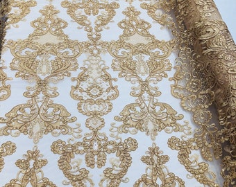 Gold Lace Fabric, Corded Flower Embroidery With Sequins on a Mesh Lace Fabric By The Yard For Gown, Wedding-Bridal-Dress