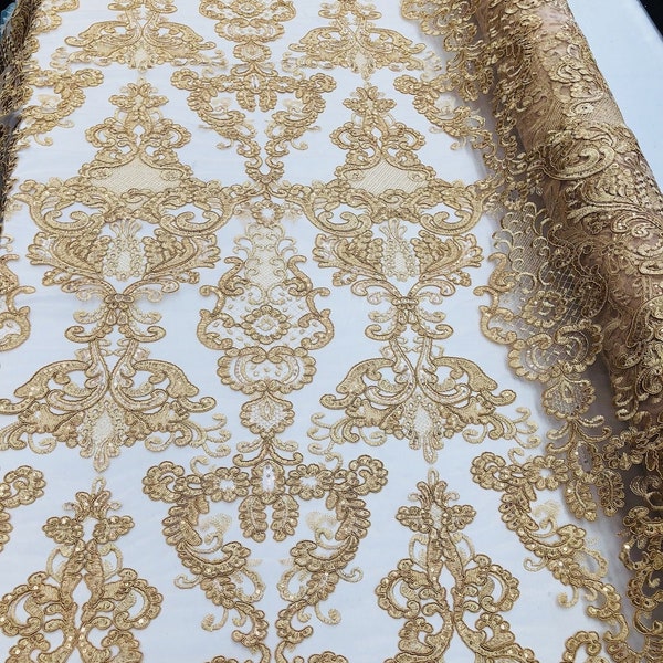 Gold Lace Fabric, Corded Flower Embroidery With Sequins on a Mesh Lace Fabric By The Yard For Gown, Wedding-Bridal-Dress