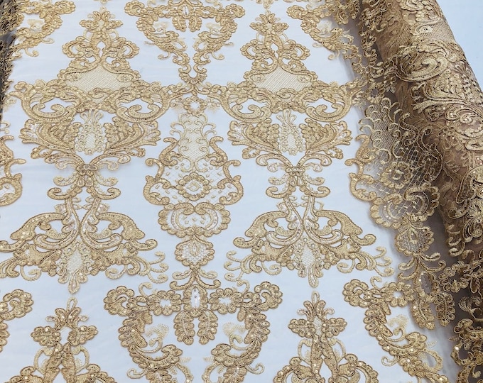 Gold Lace Fabric, Corded Flower Embroidery With Sequins on a Mesh Lace Fabric By The Yard For Gown, Wedding-Bridal-Dress