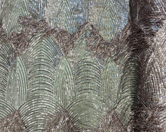 Mauve Fringe Sequins on a Mesh, Mauve Fringe Design Embroidered on 2 Way Stretch Fancy Sequin ( Choose The Size )