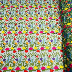Multi color Flower, Floral Lace - by the yard- Embroidered on Teal Mesh Lace Fabric, Bridal Wedding Floral Mesh (Pick a Size)