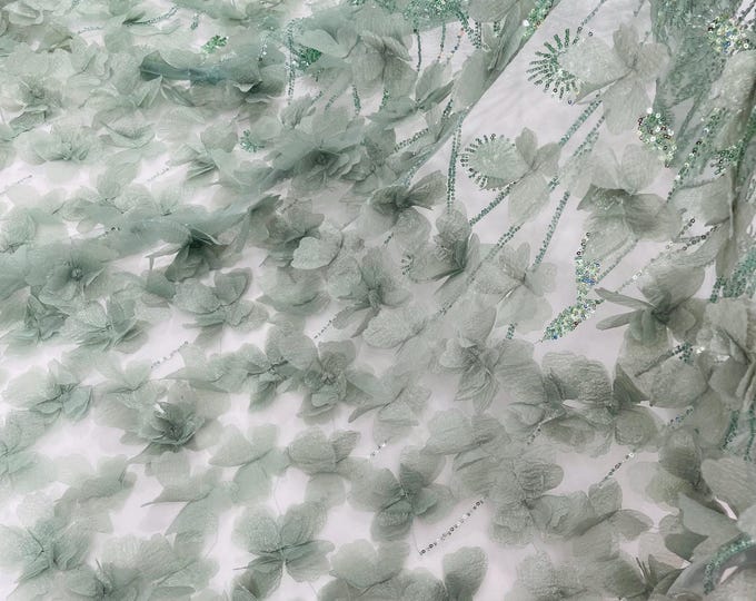 Sage Beaded Fabric 3D Floral Butterfly Fabric By The Yard, Luxury 3D Butterfly Design Beads and Sequins Embroidered on a Mesh Lace Wedding
