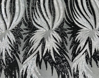 Black/Silver Sequins Fabric on Black Mesh By The Yard | Angel Wings Design Embroidered With Sequin on a Mesh 4way Stretch-Prom-Gown