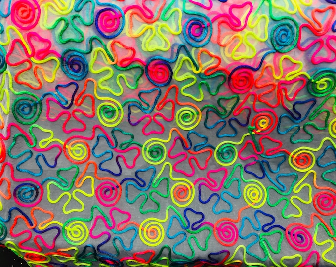 Rainbow Color 2 Way Stretch on White Mesh, Swirl Design 2Way Stretch 55/57" Sold By The Yard (Choose The Size)