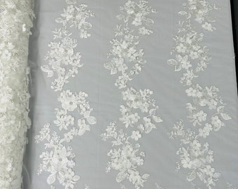 Off White 3D Floral Lace Fabric with Pearls - Bridal Wedding Lace