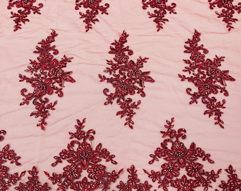 Burgundy Floral Beaded Sequin Lace Fabric, Bridal Embroidery, By The Yard