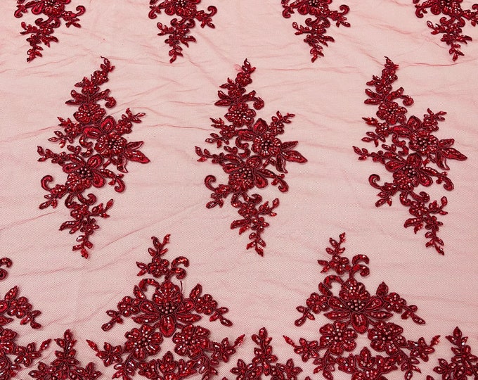 Burgundy Beaded Sequins Fabric, Embroidery With Beaded Sequin on a Mesh, Floral Bridal Lace Fabric by the yard (Pick a size )