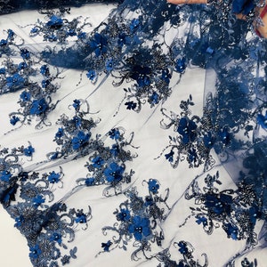Navy Blue 3D Floral Beaded Embroidery Lace Fabric - Etsy