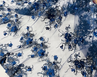 Navy Blue 3D Floral Beaded Embroidery Lace Fabric