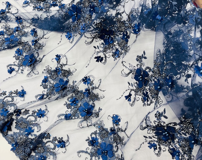 Navy Blue 3D Floral Beaded Embroidery Lace, 3D Floral Design With Beaded on a Mesh | Sequins Mesh 3D Flower Apparel-Fashion-Prom by the yard