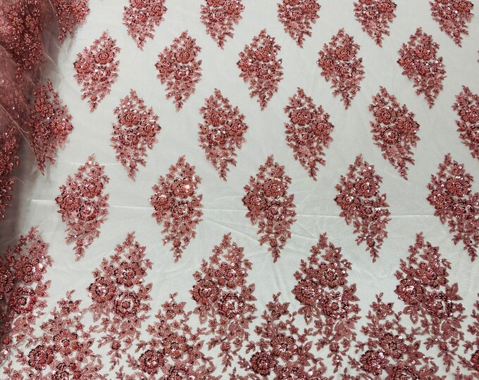 Dusty Rose Floral Cluster Beaded Fabric - Sold By The Yard - Embroidered Flower Beaded Fabric Wedding Bridal