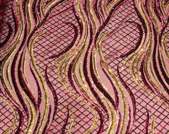Sequins Fabric Two Tone Burgundy/Gold Geometric Design 4 Way Stretch Sequin Fabric Spandex Mesh BTY