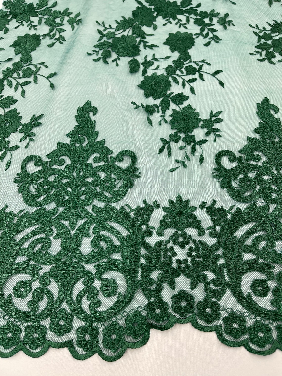 Hunter Green Damask Embroidered Mesh Lace Fabric, Scalloped Edge - Etsy