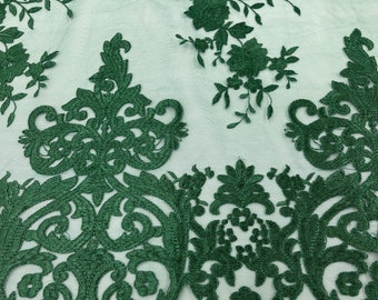 Hunter Green Damask Embroidered Mesh Lace Fabric, Scalloped Edge