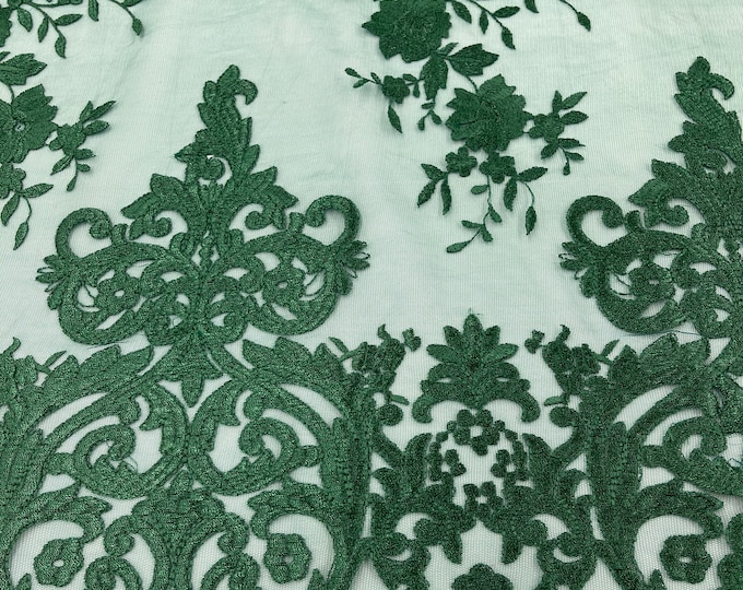 HUNTER GREEN Damask Design Embroidered on Mesh Lace Fabric, Floral Bridal Lace Wedding Dress by the Yard (Pick a Size)