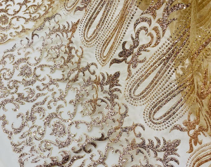 Champagne/Gold Glitter Mesh Lace Fabric - Geometric Damask, Bridal, Prom by the yard