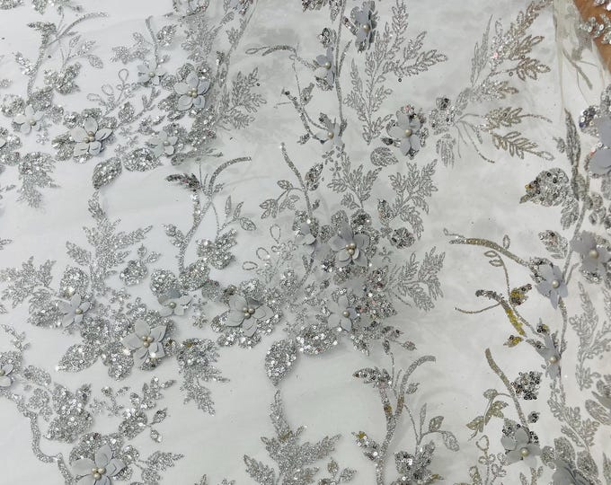 Silver 3D Flower Sequin Fabric, Glitter Floral Tulle Lace, Wedding Dress, Quinceañera