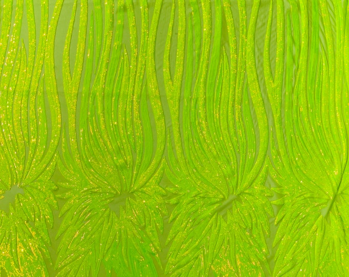 Lime Iridescent Sequins Fabric on Mesh By The Yard | Angel Wings Design Embroidered With Sequin on a Mesh 4way Stretch-Prom-Gown