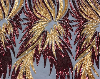 Burgundy Gold Sequin Angel Wing Fabric: 4-Way Stretch Mesh, Sold By The Yard