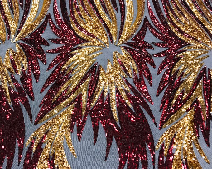 Burgundy/Gold Sequins Angel Wings 4 Way Stretch Sequin Design Embroidered on a Mesh Prom Gala Gown Sold By The Yard