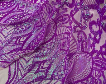 Magenta Iridescent Sequin Fabric: Royalty Embroidered Mesh, Prom Gown Fabric