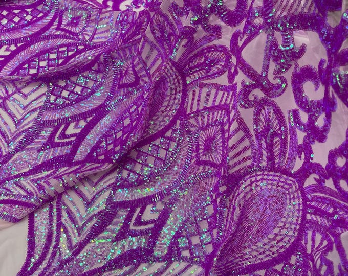 Magenta Iridescent Sequin Fabric, Royalty Design Embroidered With Sequin on a 4 Way Stretch Sequin Fabric Mesh-Prom-Gown By The Yard