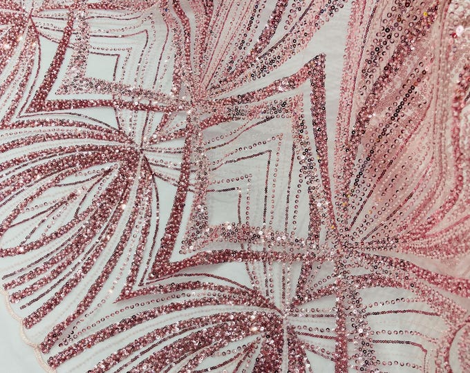 Pink Beaded Lace Fabric: Embroidered Mesh, Bridal Wedding Dress - Sold By The Yard