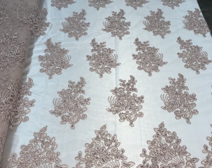 Flower Lace Fabric - Blush Floral Clusters Embroidered Lace Mesh Fabric Sold By The Yard