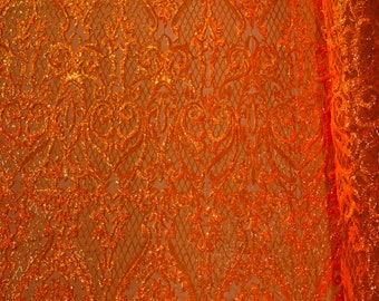 Orange Iridescent Sequins Fabric | 4 Way Stretch Mesh | Embroidered Damask Design With Sequin Lace Prom-Gown by the yard