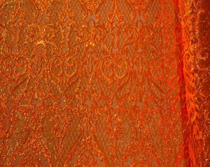 Orange Iridescent Sequins Fabric | 4 Way Stretch Mesh | Embroidered Damask Design With Sequin Lace Prom-Gown by the yard