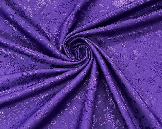 Purple Flower Brocade Jacquard Satin Fabric, Sold By The Yard Polyester Satin Floral Wide 58/60"  (Choose The Quantity)