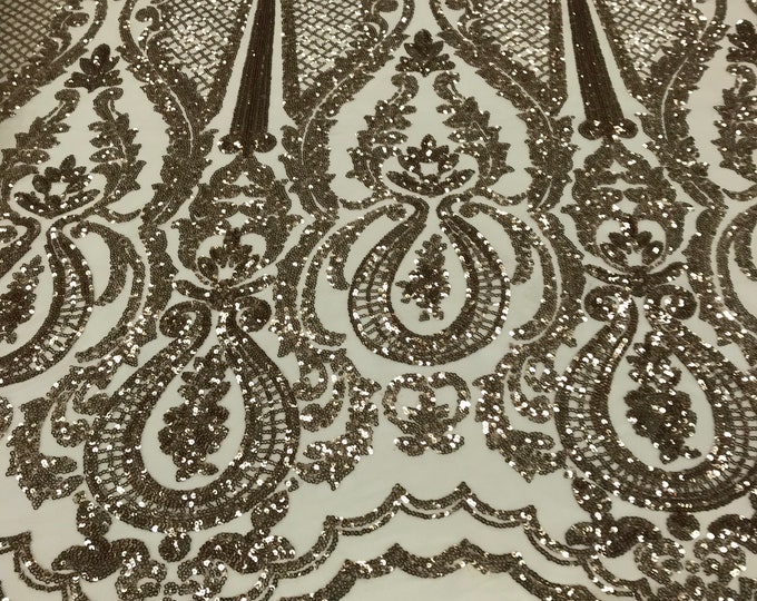 Sequins Gold Lace Fabric, DAMASK Design Embroidered on Mesh 4 way Stretch Sequin By The Yard -Prom-Gown ( Choose The Size )