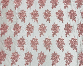 Dusty Rose Flowers With Sequins Corded Lace On Mesh Fabric By The Yard Used For -Dress-Bridal-Fashion