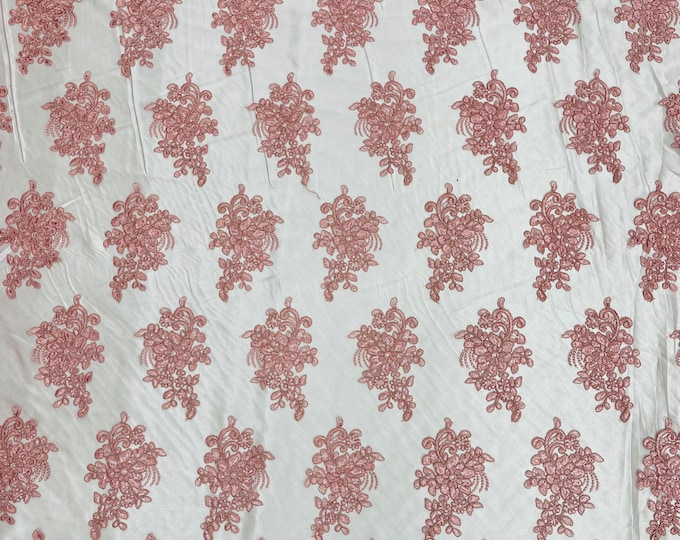 Dusty Rose Flowers With Sequins Corded Lace On Mesh Fabric By The Yard Used For -Dress-Bridal-Fashion