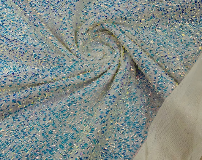 Mia Clear Iridescent Sequin Fabric on White Power Mesh, 4 Way Stretch Sequins Fabric By The Yard (Choose The Size)