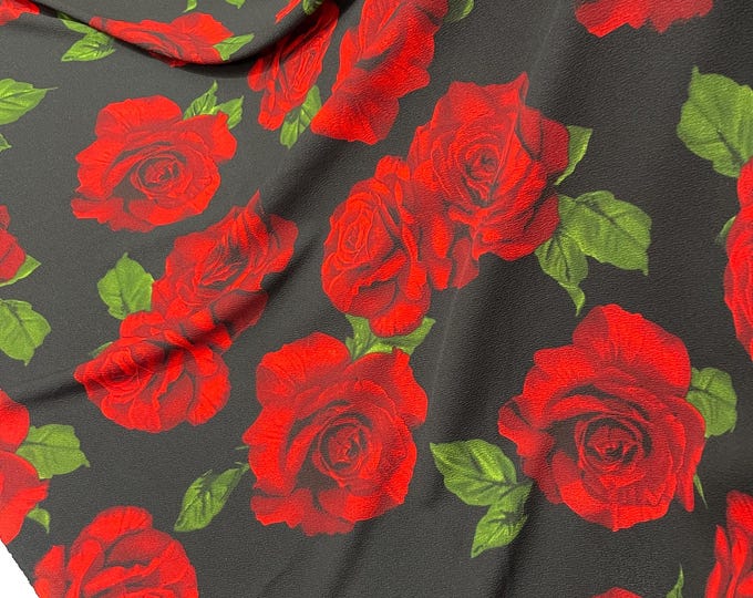 Red Black Rose design Liverpool Poly Spandex Knit, Floral Skirt Fabric 58" Wide, Sold By The Yard