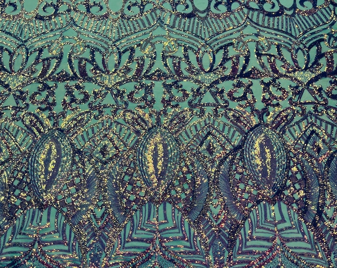 New Iridescent Lavender Sequins on Mint Mesh, Royalty Design on a Mesh 4way Stretch Sequin-Prom-Gown By The Yard