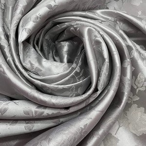 Silver Gray Flower Brocade Jacquard Satin Fabric, Sold By The Yard Polyester Satin Floral Wide 58/60&quot;  (Choose The Quantity)