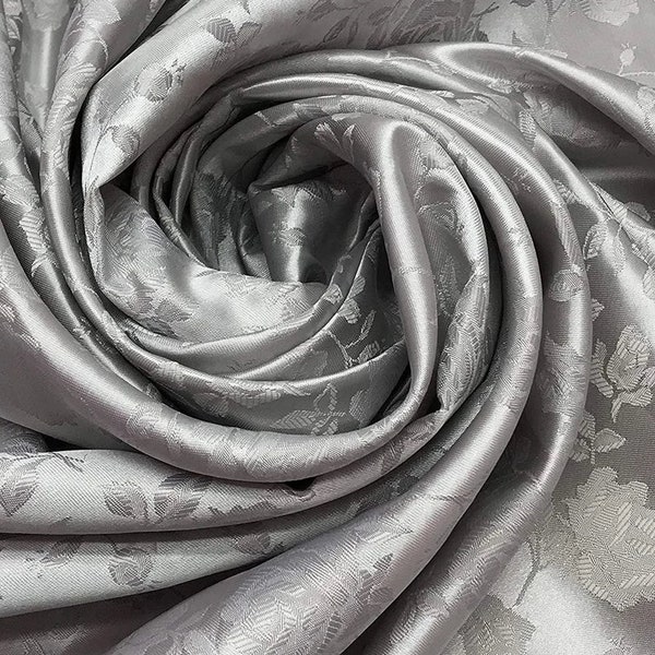 Silver Gray Flower Brocade Jacquard Satin Fabric, Sold By The Yard Polyester Satin Floral Wide 58/60"  (Choose The Quantity)