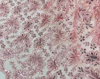 Blush Pink  Lace Fabric With Sequins, Metallic Thread Flower Embroidery by Yard
