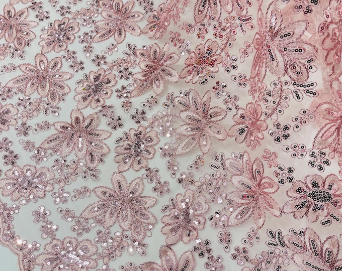 Blush Pink  Lace Fabric With Sequins, Metallic Thread Flower Embroidery by Yard
