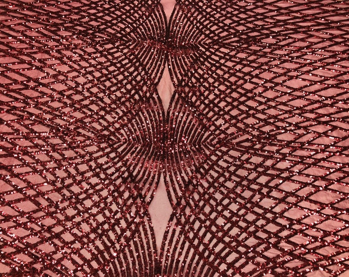 Burgundy Diamond Sequin Fabric - by the yard - On Power Mesh 4 Way Stretch Sequins Fabric